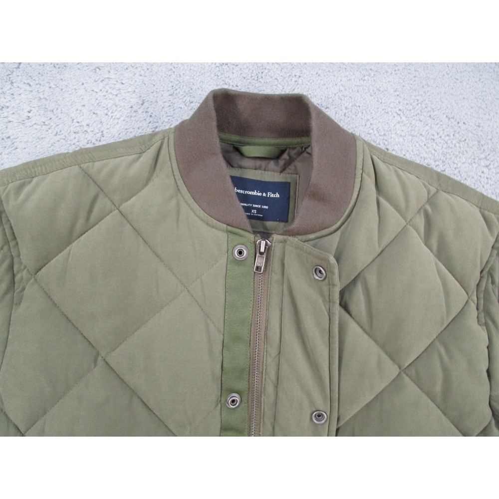 Abercrombie Fitch Mens Quilted Bomber Jacket Olive Green XS Full Zip Snap Front - Picture 2 of 11